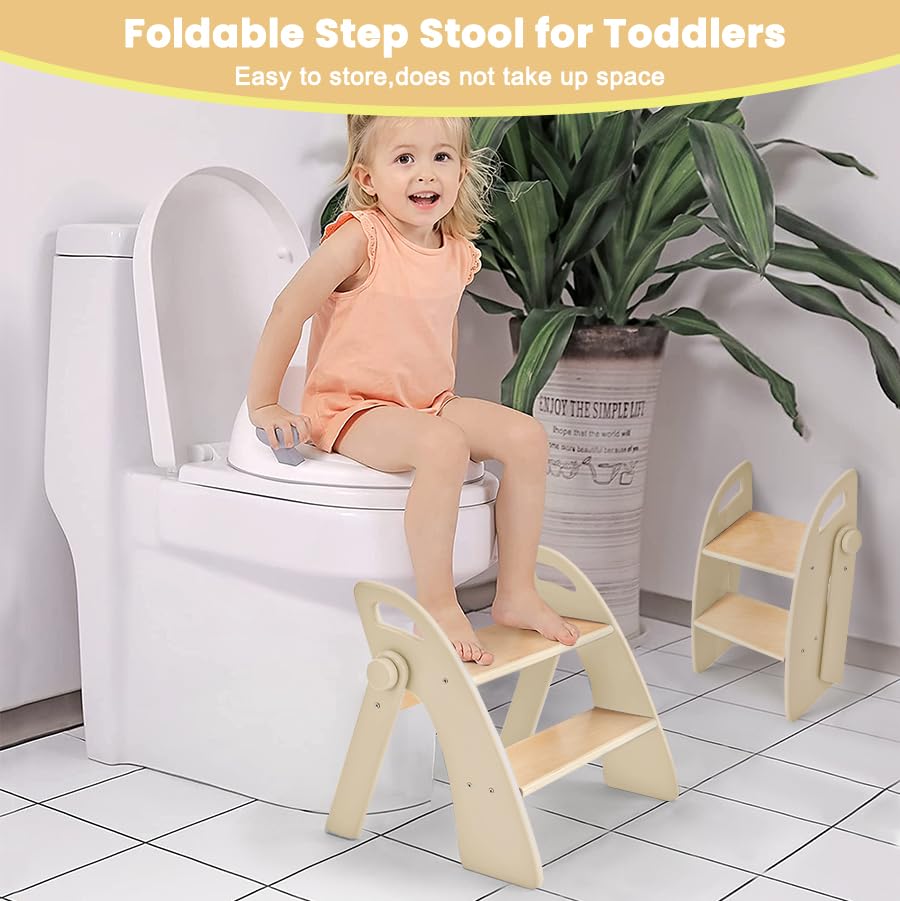 Wooden 2 Step Stool for Toddlers, Foldable 2-Step with Non-Slip Pads and Handles, Bamboo Step Stool for Kids Bathroom Sink and Potty Training, Kitchen Helper, Nursery Bedroom(Blue)