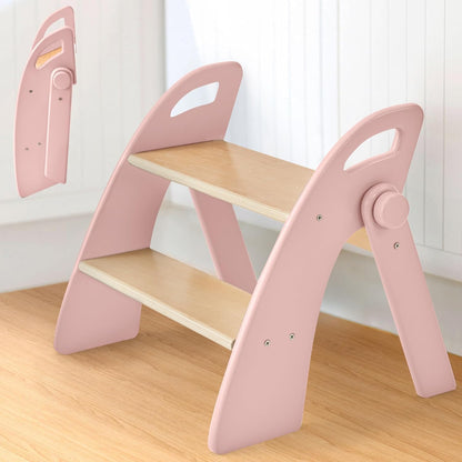 Wooden 2 Step Stool for Toddlers, Foldable 2-Step with Non-Slip Pads and Handles, Bamboo Step Stool for Kids Bathroom Sink and Potty Training, Kitchen Helper, Nursery Bedroom(Blue)