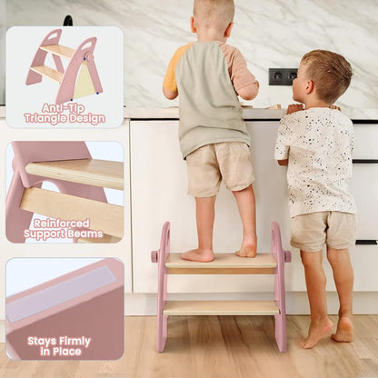 Wooden 2 Step Stool for Toddlers, Foldable 2-Step with Non-Slip Pads and Handles, Bamboo Step Stool for Kids Bathroom Sink and Potty Training, Kitchen Helper, Nursery Bedroom(Blue)