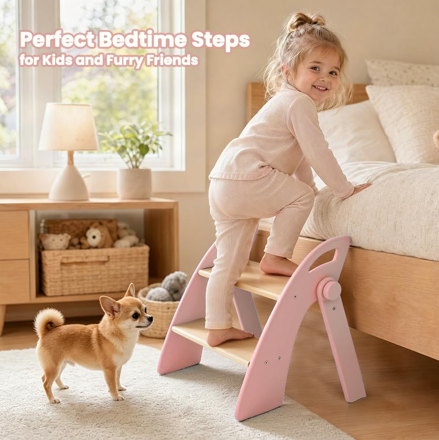 Wooden 2 Step Stool for Toddlers, Foldable 2-Step with Non-Slip Pads and Handles, Bamboo Step Stool for Kids Bathroom Sink and Potty Training, Kitchen Helper, Nursery Bedroom(Blue)