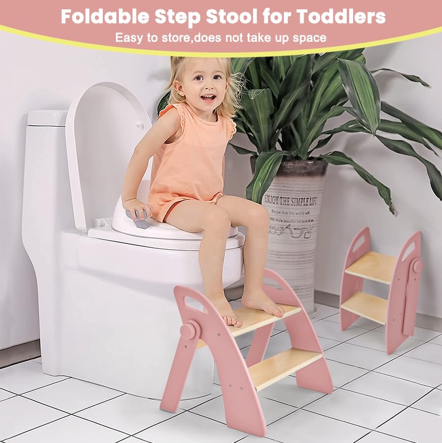 Wooden 2 Step Stool for Toddlers, Foldable 2-Step with Non-Slip Pads and Handles, Bamboo Step Stool for Kids Bathroom Sink and Potty Training, Kitchen Helper, Nursery Bedroom(Blue)