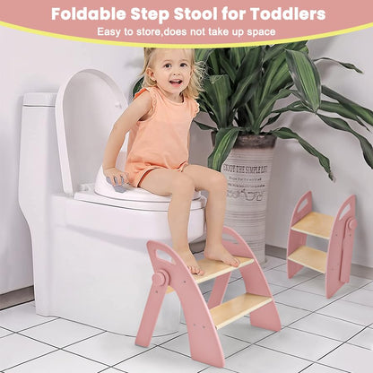 Wooden 2 Step Stool for Toddlers, Foldable 2-Step with Non-Slip Pads and Handles, Bamboo Step Stool for Kids Bathroom Sink and Potty Training, Kitchen Helper, Nursery Bedroom(Blue)