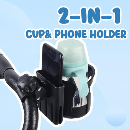 2-in-1 Stroller Cup Holder with Phone Holder, Bike Cup Holder, Universal Cup Holder for Uppababy Nuna Doona Stroller, 360°Rotatable Stroller Water Bottle Holder Accessories for Stroller