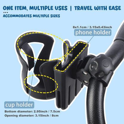 2-in-1 Stroller Cup Holder with Phone Holder, Bike Cup Holder, Universal Cup Holder for Uppababy Nuna Doona Stroller, 360°Rotatable Stroller Water Bottle Holder Accessories for Stroller
