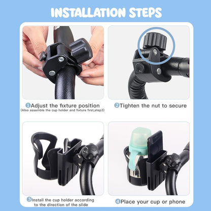 2-in-1 Stroller Cup Holder with Phone Holder, Bike Cup Holder, Universal Cup Holder for Uppababy Nuna Doona Stroller, 360°Rotatable Stroller Water Bottle Holder Accessories for Stroller