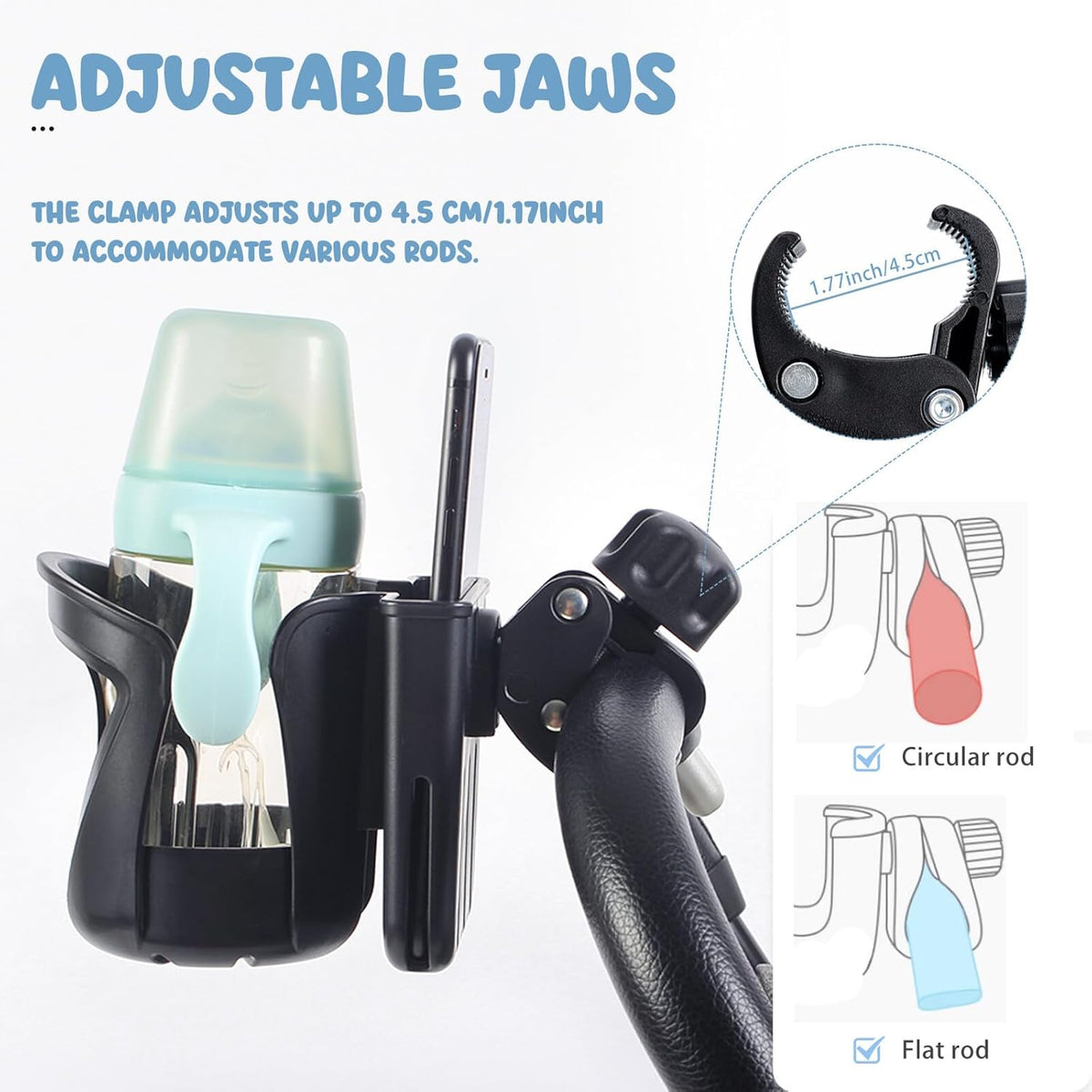 2-in-1 Stroller Cup Holder with Phone Holder, Bike Cup Holder, Universal Cup Holder for Uppababy Nuna Doona Stroller, 360°Rotatable Stroller Water Bottle Holder Accessories for Stroller