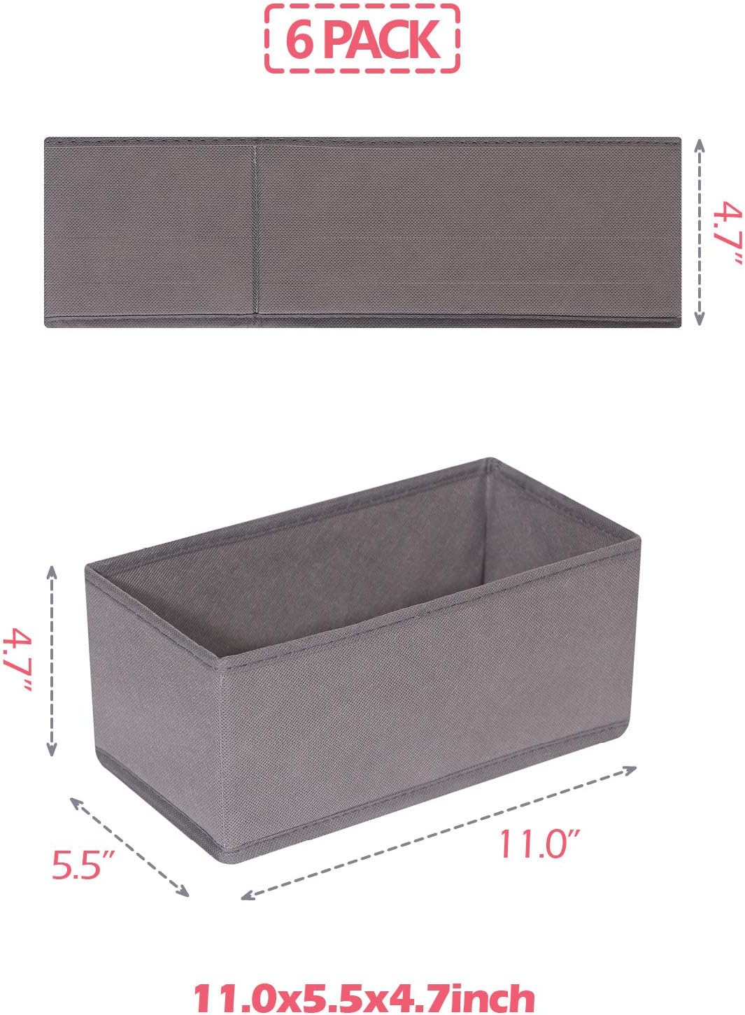 6 Pack Foldable Cloth Storage Box Closet Dresser Drawer Organizer Fabric Baskets Bins Containers Divider for Clothes Underwear Bras Socks Lingerie Clothing, M Grey 060