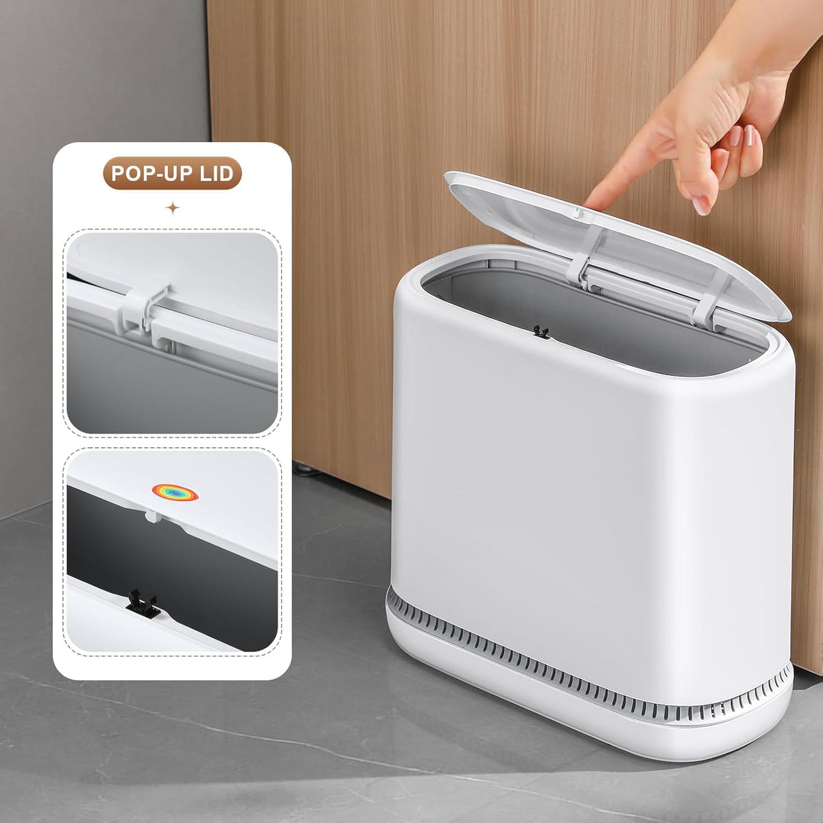 Bathroom Trash Cans, Garbage Can with Press Type Lid,10L Dogproof Slim Plastic Narrow Trash Bin