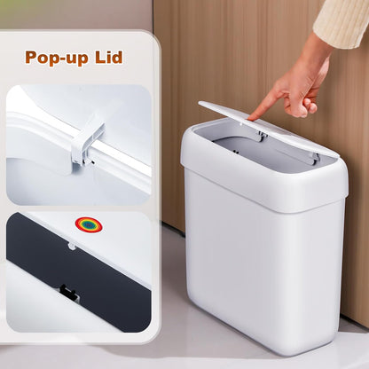 Bathroom Trash Cans, Garbage Can with Press Type Lid,10L Dogproof Slim Plastic Narrow Trash Bin