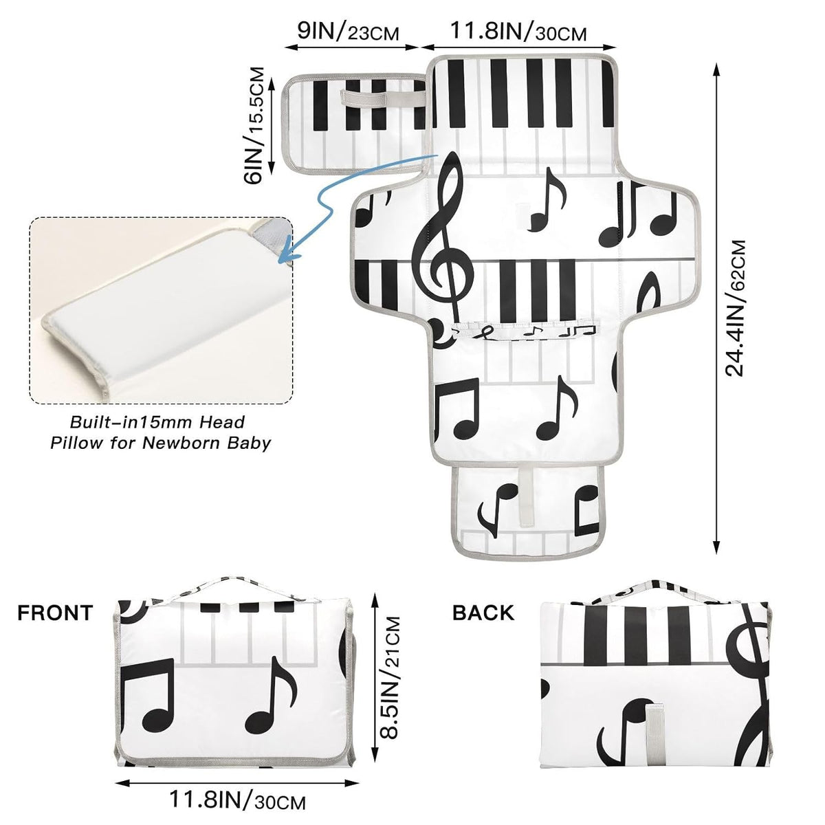 Cartoon Piano Keys Portable Diaper Changing Pad, Waterproof Baby Changing Mat with Storage Pocket & Built-in Pillow, Foldable Travel Pad, Newborn Gift Set for Boy Girl