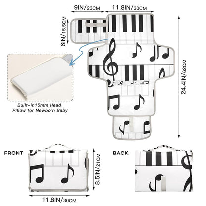 Cartoon Piano Keys Portable Diaper Changing Pad, Waterproof Baby Changing Mat with Storage Pocket & Built-in Pillow, Foldable Travel Pad, Newborn Gift Set for Boy Girl