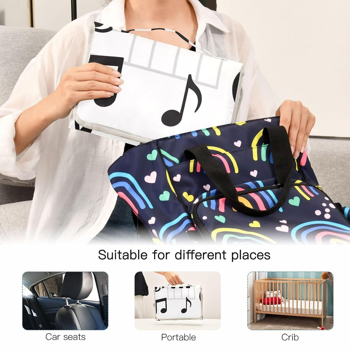 Cartoon Piano Keys Portable Diaper Changing Pad, Waterproof Baby Changing Mat with Storage Pocket & Built-in Pillow, Foldable Travel Pad, Newborn Gift Set for Boy Girl