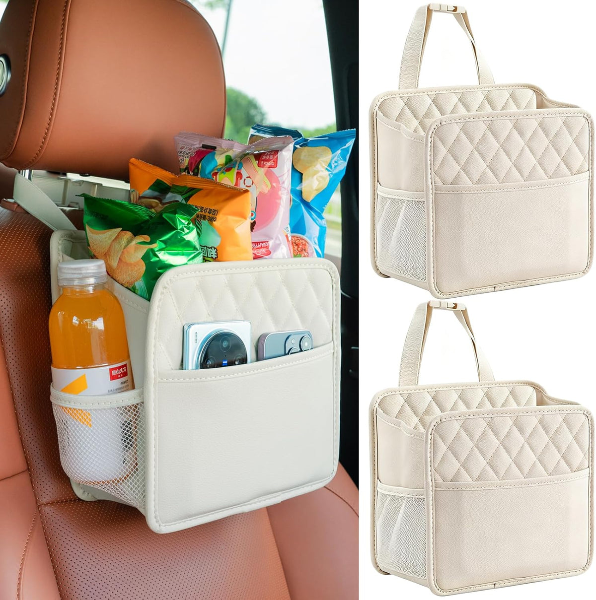 2Pack Car Seat Back Hanging Bag Car Document Holder Multi-Pocket Bottle Bag Storage Box Organizer Travel Tidy Pouch Pocket Kids Beige