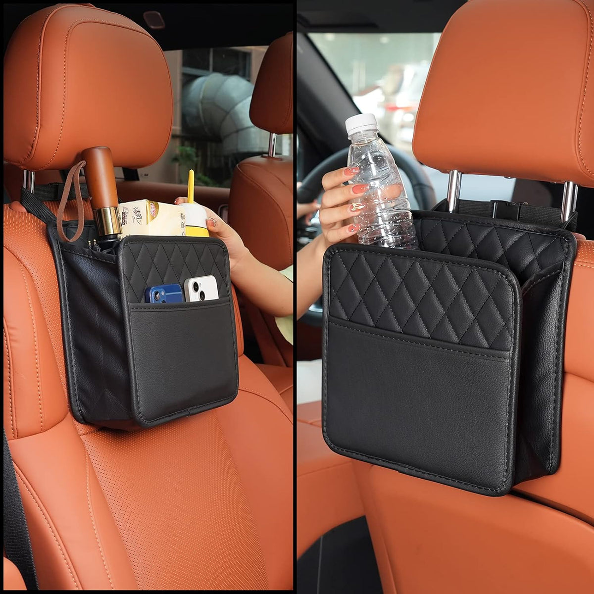 2Pack Car Seat Back Hanging Bag Car Document Holder Multi-Pocket Bottle Bag Storage Box Organizer Travel Tidy Pouch Pocket Kids Beige