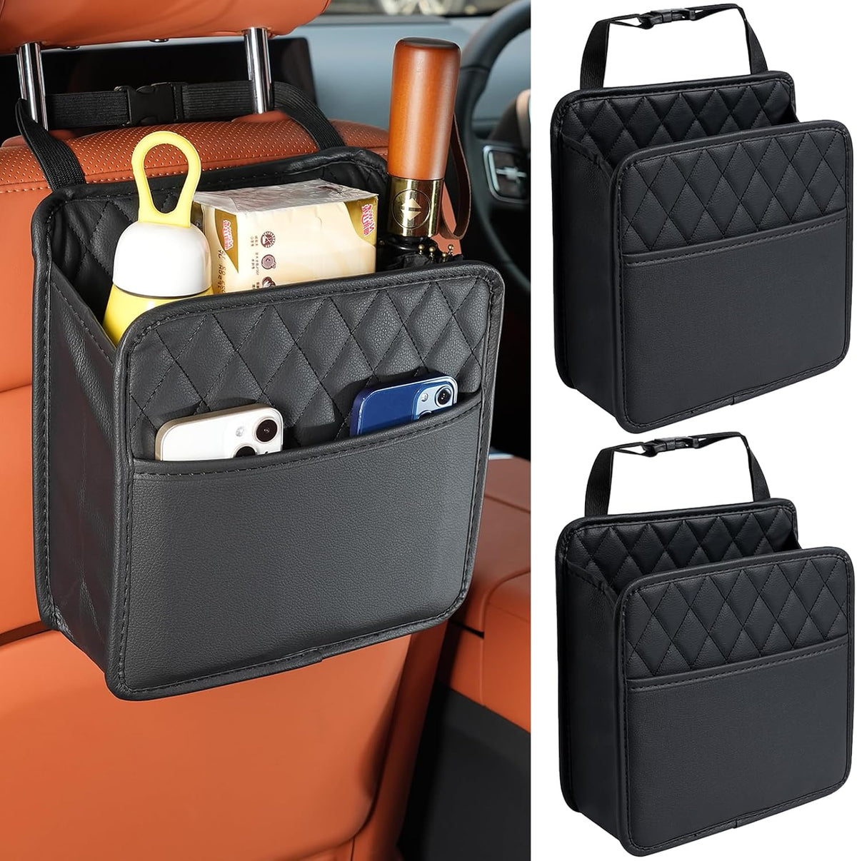 2Pack Car Seat Back Hanging Bag Car Document Holder Multi-Pocket Bottle Bag Storage Box Organizer Travel Tidy Pouch Pocket Kids Beige