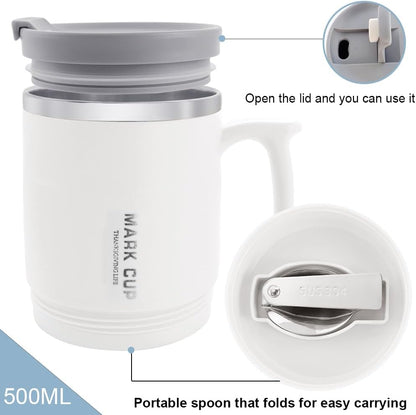 1 Pack Stainless Steel Insulated Coffee Mug With Handle and Lid, 17ozl Thermal Mug Travel Double Wall Reusable Tumbler Cup with Hidden Folding Spoon