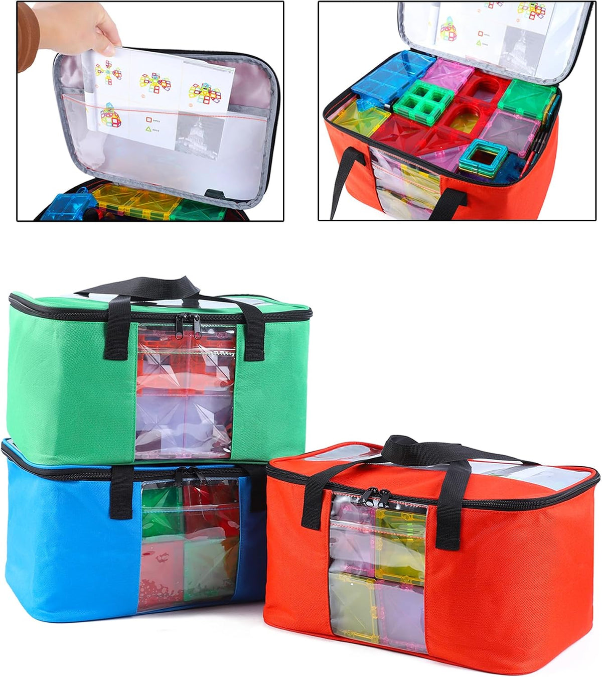 Toy Carry Case, 3PCS Toy Storage Organizer Bag for Magnetic Tiles, Portable Toys Travel Bag With Labels, Handles & Pockets For Magnet Building Tiles, Travel Case for Magnetic Blocks