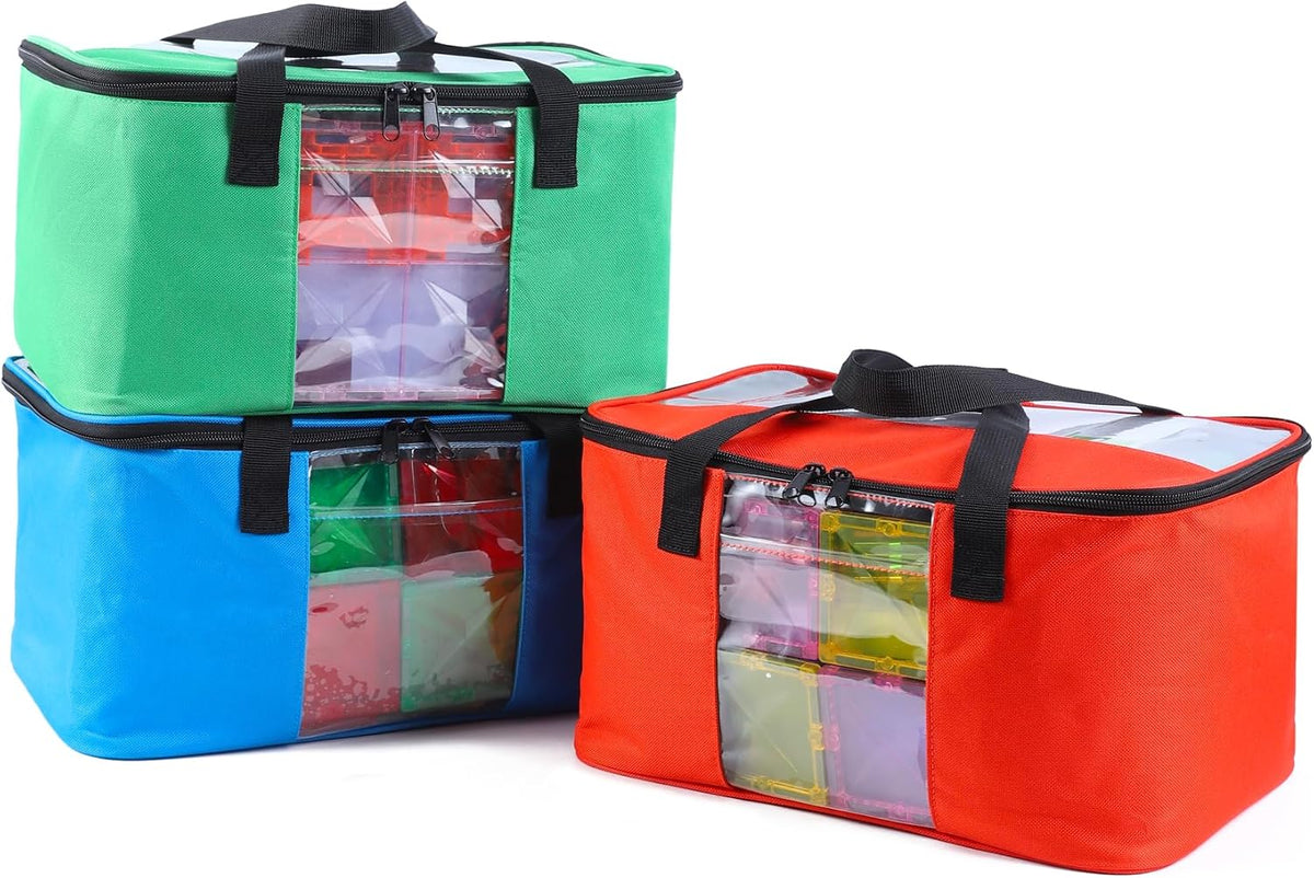 Toy Carry Case, 3PCS Toy Storage Organizer Bag for Magnetic Tiles, Portable Toys Travel Bag With Labels, Handles & Pockets For Magnet Building Tiles, Travel Case for Magnetic Blocks