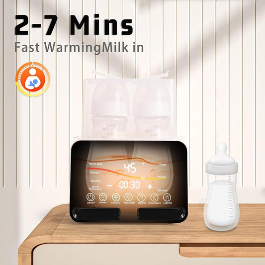 Baby Bottle Warmer All Bottles Water Bath Warming 48H Constant Thermostat Mode, 10-in-1 Milk Warmer Steamer, Preset, Defrost, Double Bottle Warmer Twins for Breastmilk Formula, Heat Baby Food