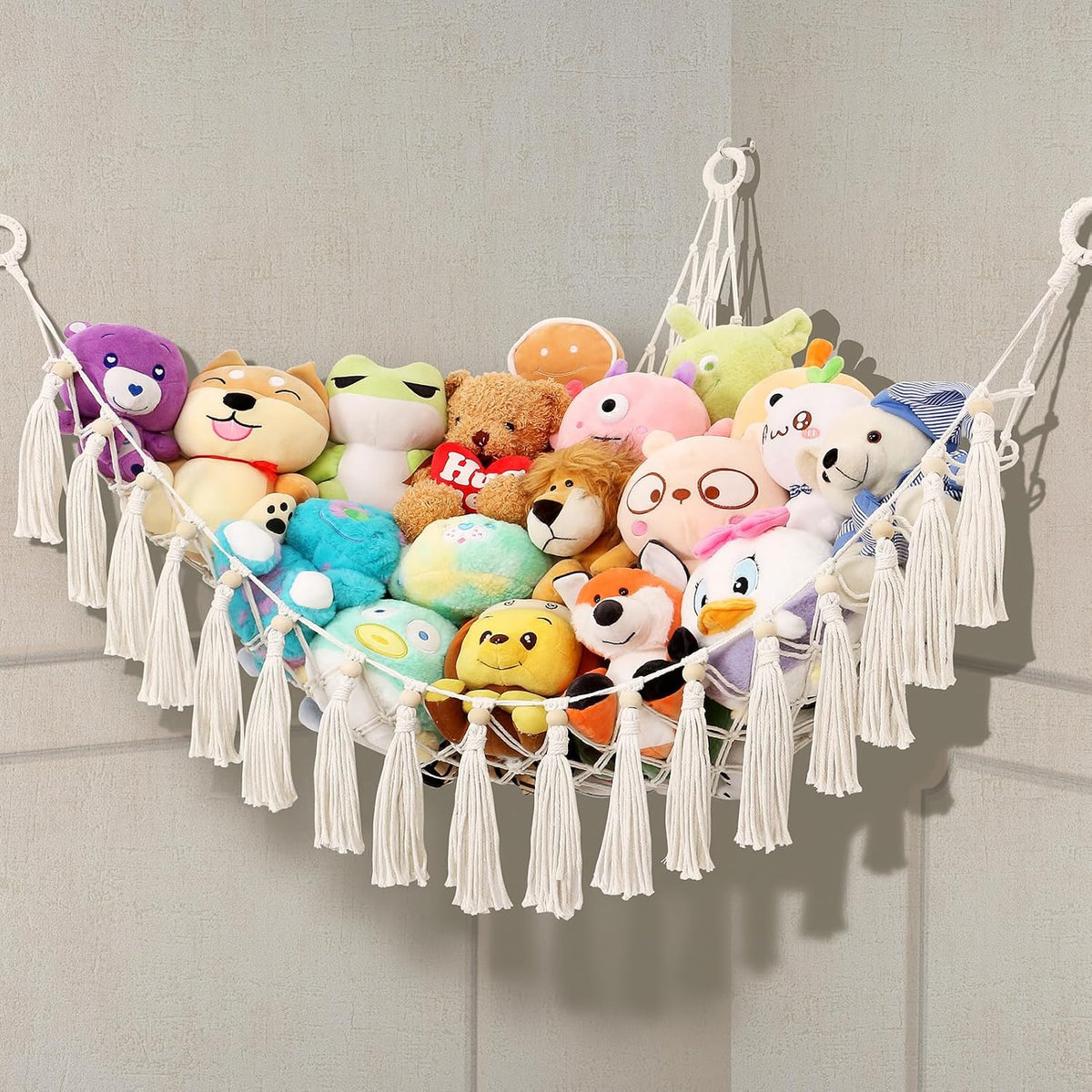 Stuffed Animal Hammock Net, Toy Storage For Stuffy, Plushie Net Wall Hanging Organizer Corner Holderwith Tassels Hooks For Kids Bedroom Nursery Room