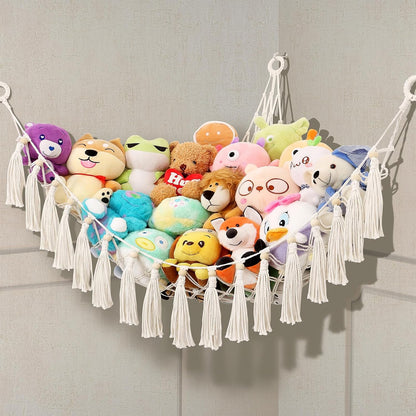 Stuffed Animal Hammock Net, Toy Storage For Stuffy, Plushie Net Wall Hanging Organizer Corner Holderwith Tassels Hooks For Kids Bedroom Nursery Room