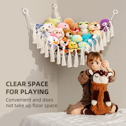 Stuffed Animal Hammock Net, Toy Storage For Stuffy, Plushie Net Wall Hanging Organizer Corner Holderwith Tassels Hooks For Kids Bedroom Nursery Room