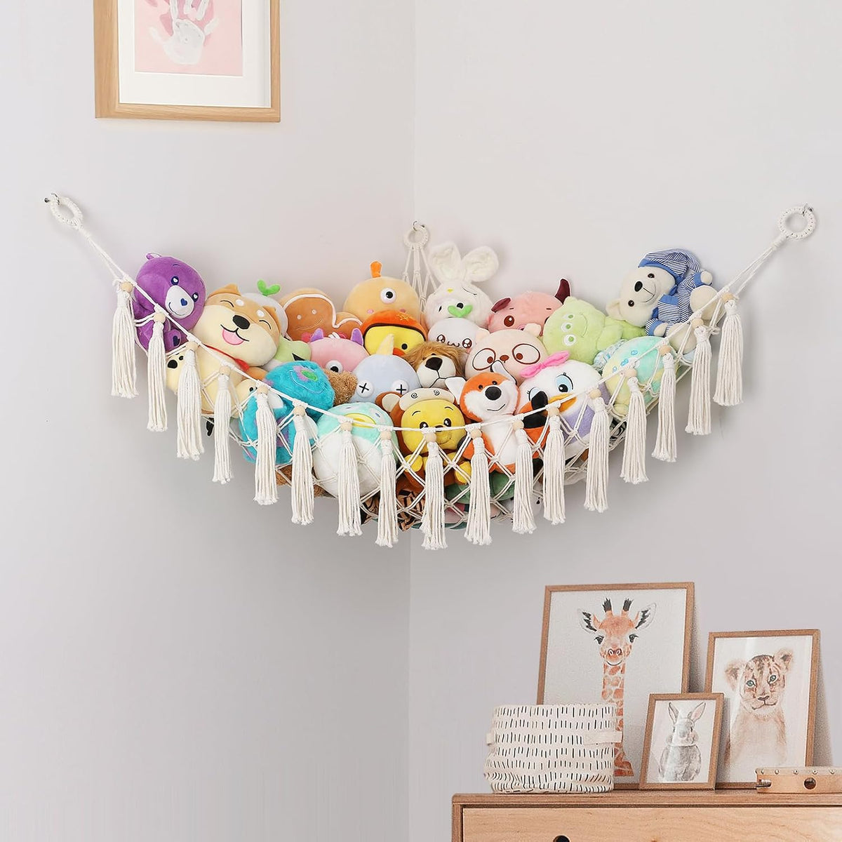 Stuffed Animal Hammock Net, Toy Storage For Stuffy, Plushie Net Wall Hanging Organizer Corner Holderwith Tassels Hooks For Kids Bedroom Nursery Room