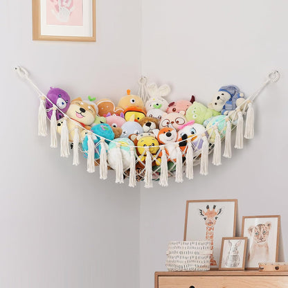 Stuffed Animal Hammock Net, Toy Storage For Stuffy, Plushie Net Wall Hanging Organizer Corner Holderwith Tassels Hooks For Kids Bedroom Nursery Room