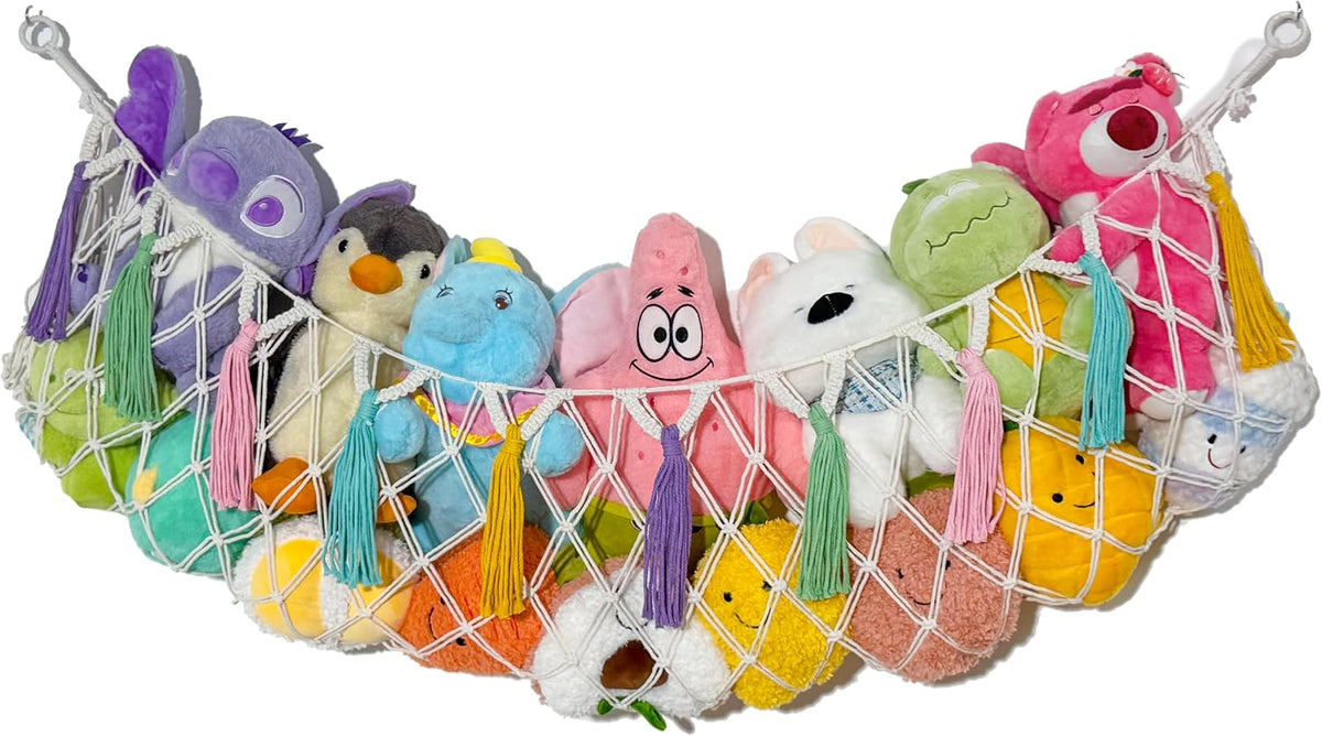 Stuffed Animal Hammock Net, Toy Storage For Stuffy, Plushie Net Wall Hanging Organizer Corner Holderwith Tassels Hooks For Kids Bedroom Nursery Room