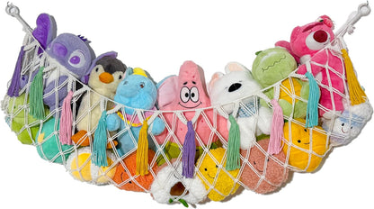 Stuffed Animal Hammock Net, Toy Storage For Stuffy, Plushie Net Wall Hanging Organizer Corner Holderwith Tassels Hooks For Kids Bedroom Nursery Room