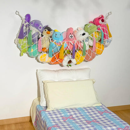 Stuffed Animal Hammock Net, Toy Storage For Stuffy, Plushie Net Wall Hanging Organizer Corner Holderwith Tassels Hooks For Kids Bedroom Nursery Room