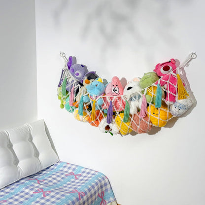 Stuffed Animal Hammock Net, Toy Storage For Stuffy, Plushie Net Wall Hanging Organizer Corner Holderwith Tassels Hooks For Kids Bedroom Nursery Room