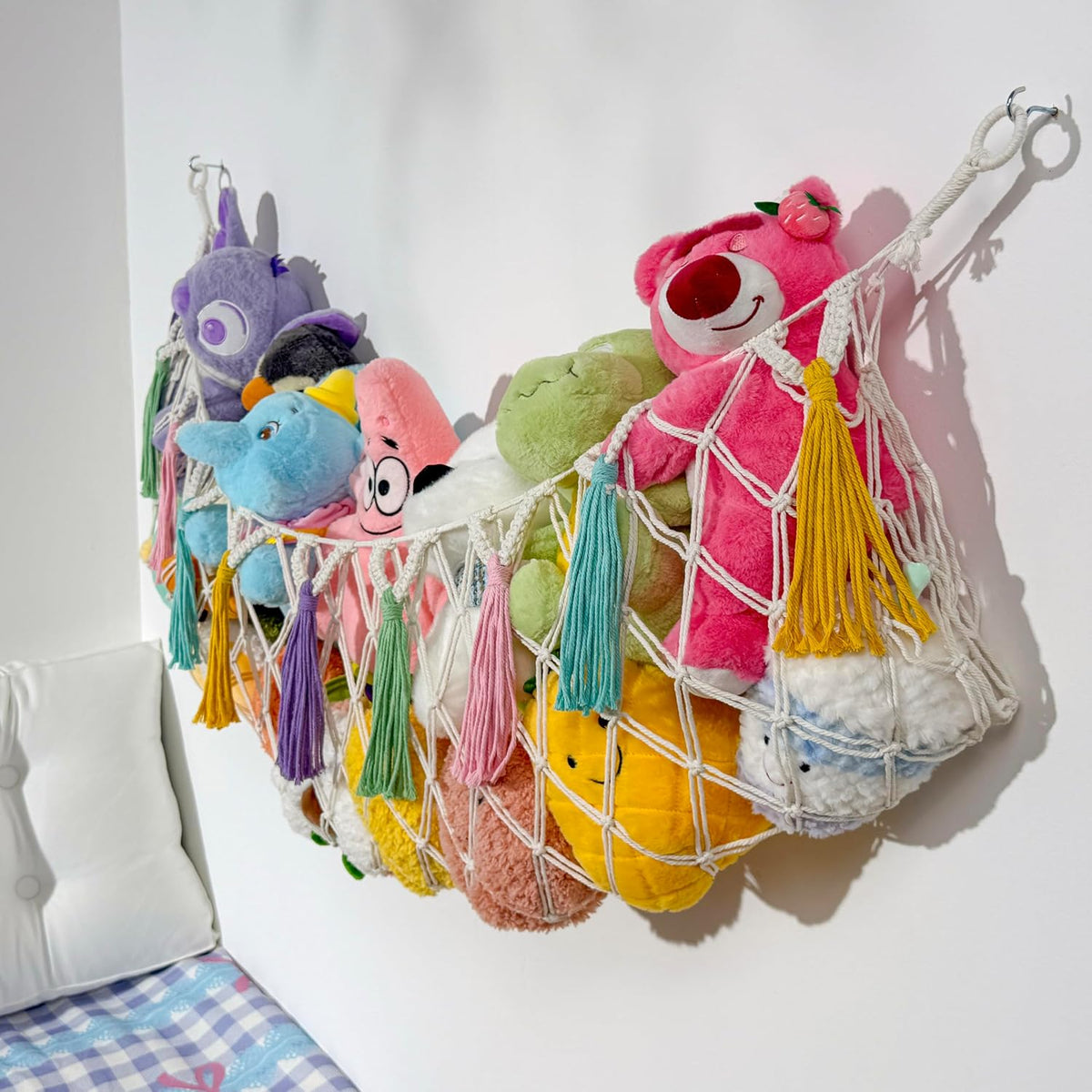Stuffed Animal Hammock Net, Toy Storage For Stuffy, Plushie Net Wall Hanging Organizer Corner Holderwith Tassels Hooks For Kids Bedroom Nursery Room