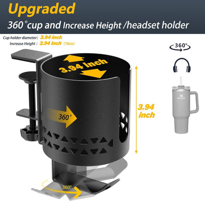 Deep Desk Cup Holder Clamp for Table,360° Rotating Anti-Spill Cup Holder for Desk,Office Accessories to Hold Coffee Mugs,Stanley YETI Bottles Holder