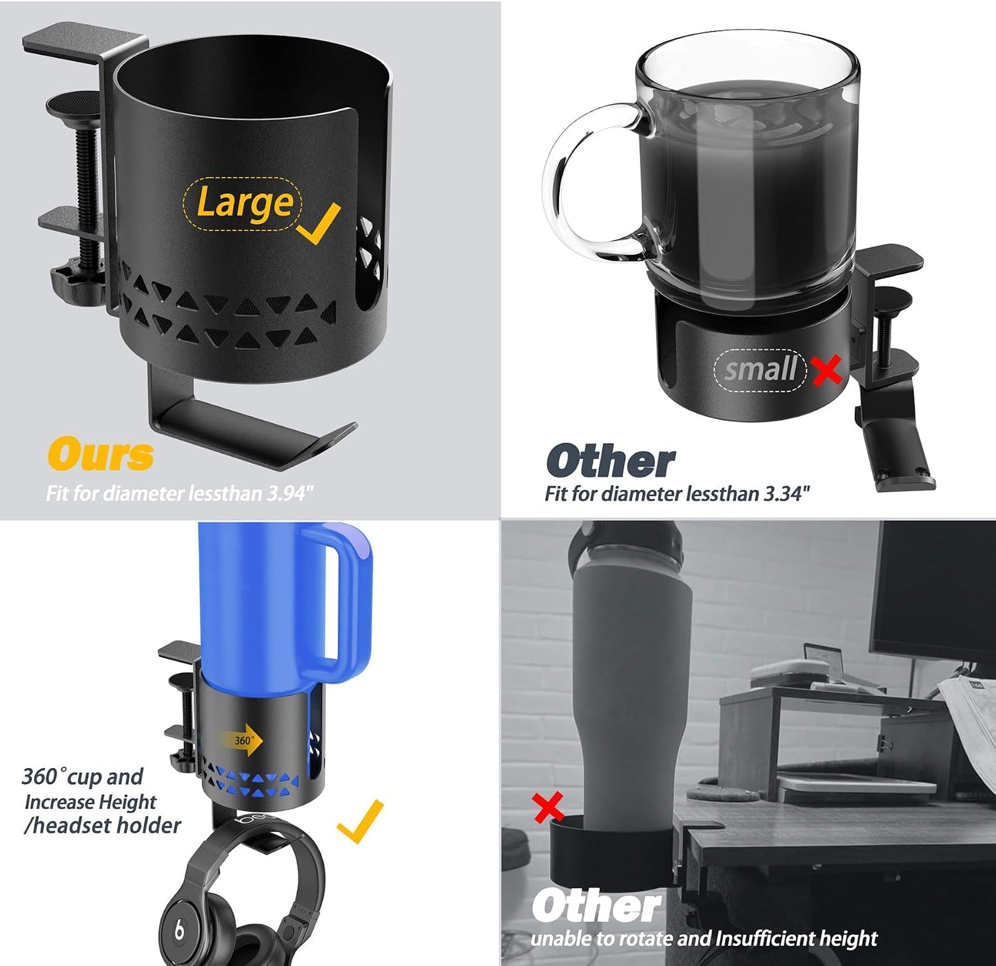Deep Desk Cup Holder Clamp for Table,360° Rotating Anti-Spill Cup Holder for Desk,Office Accessories to Hold Coffee Mugs,Stanley YETI Bottles Holder