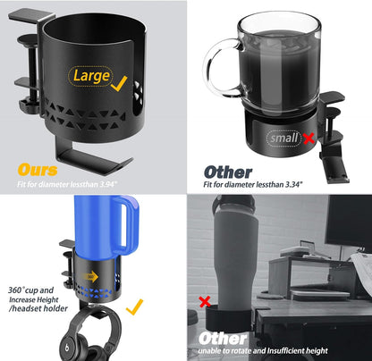 Deep Desk Cup Holder Clamp for Table,360° Rotating Anti-Spill Cup Holder for Desk,Office Accessories to Hold Coffee Mugs,Stanley YETI Bottles Holder