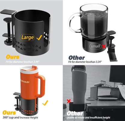Deep Desk Cup Holder Clamp for Table,360° Rotating Anti-Spill Cup Holder for Desk,Office Accessories to Hold Coffee Mugs,Stanley YETI Bottles Holder