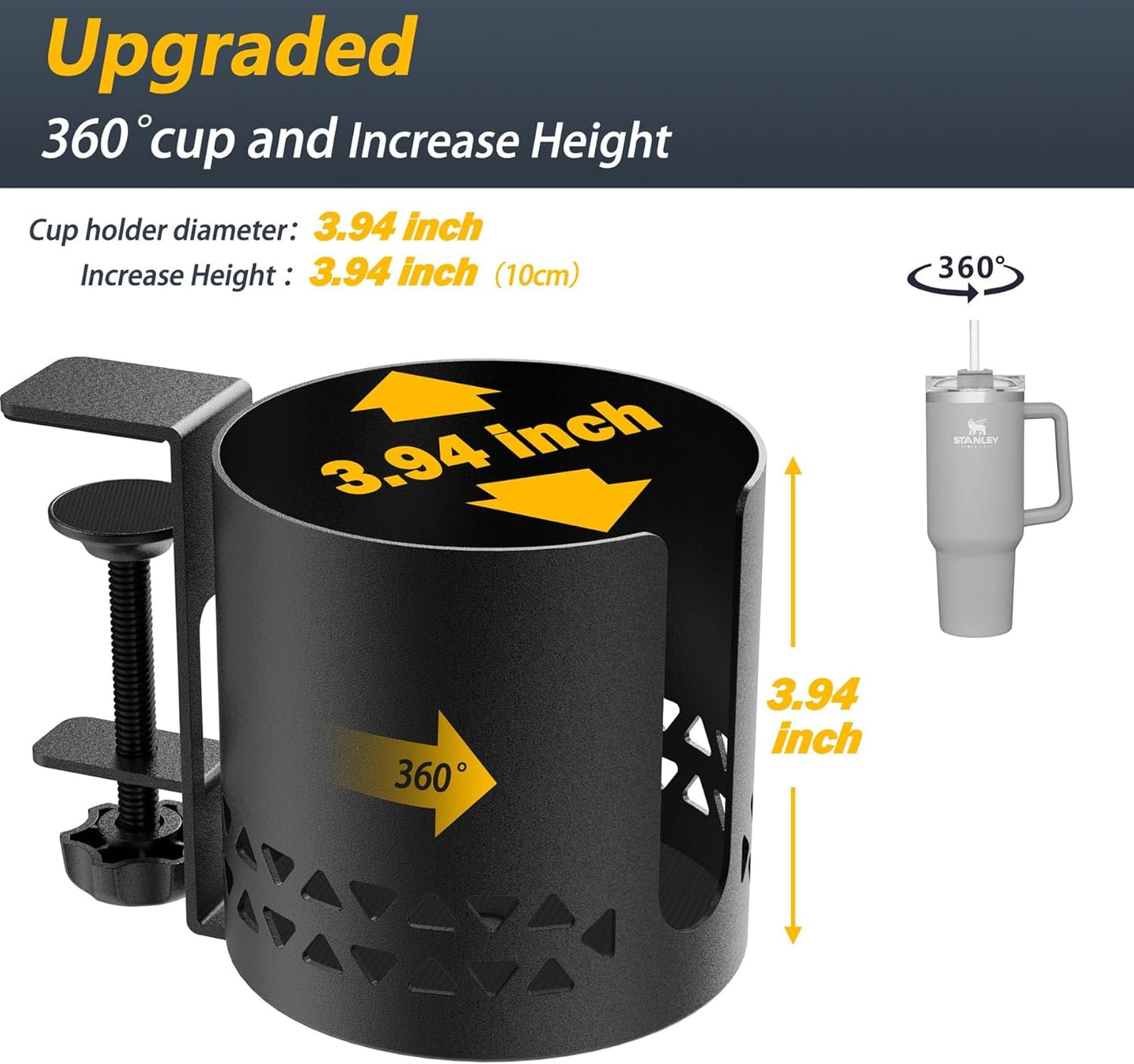 Deep Desk Cup Holder Clamp for Table,360° Rotating Anti-Spill Cup Holder for Desk,Office Accessories to Hold Coffee Mugs,Stanley YETI Bottles Holder