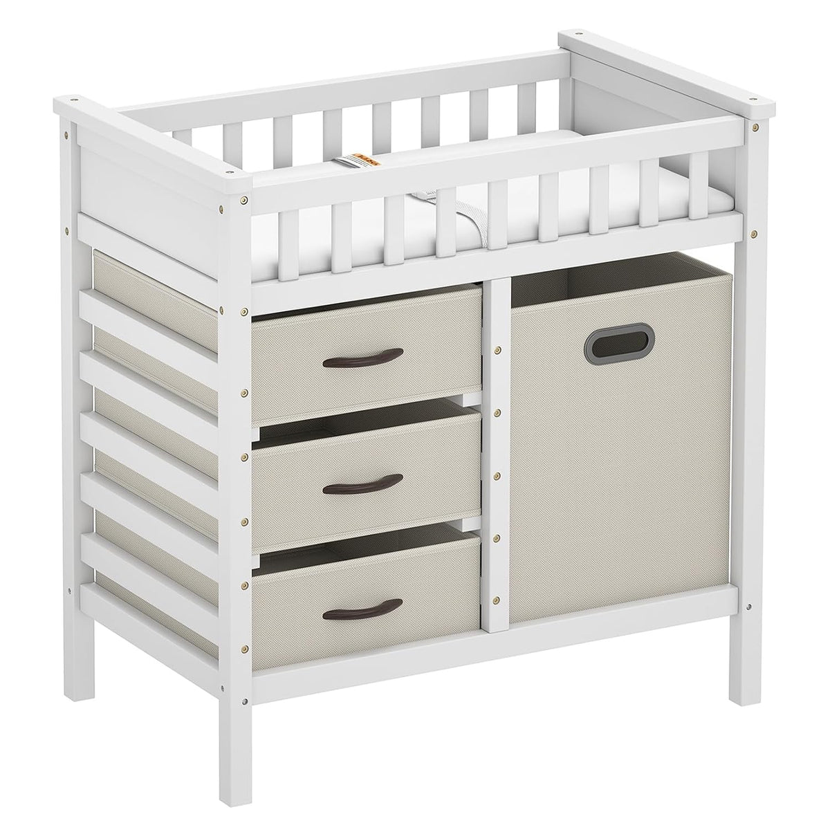 Wooden Baby Changing Table, Diaper Changing Station with 3 Storage Drawers, Laundry Hamper, Waterproof Changing Pad & Safety Belt, Modern Nursery Furniture for Daycare Bedroom (Beige)