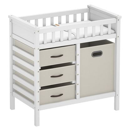 Wooden Baby Changing Table, Diaper Changing Station with 3 Storage Drawers, Laundry Hamper, Waterproof Changing Pad & Safety Belt, Modern Nursery Furniture for Daycare Bedroom (Beige)