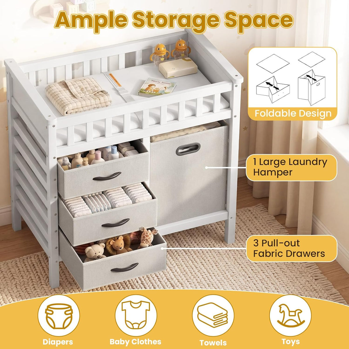 Wooden Baby Changing Table, Diaper Changing Station with 3 Storage Drawers, Laundry Hamper, Waterproof Changing Pad & Safety Belt, Modern Nursery Furniture for Daycare Bedroom (Beige)