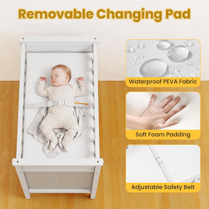 Wooden Baby Changing Table, Diaper Changing Station with 3 Storage Drawers, Laundry Hamper, Waterproof Changing Pad & Safety Belt, Modern Nursery Furniture for Daycare Bedroom (Beige)