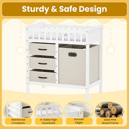 Wooden Baby Changing Table, Diaper Changing Station with 3 Storage Drawers, Laundry Hamper, Waterproof Changing Pad & Safety Belt, Modern Nursery Furniture for Daycare Bedroom (Beige)