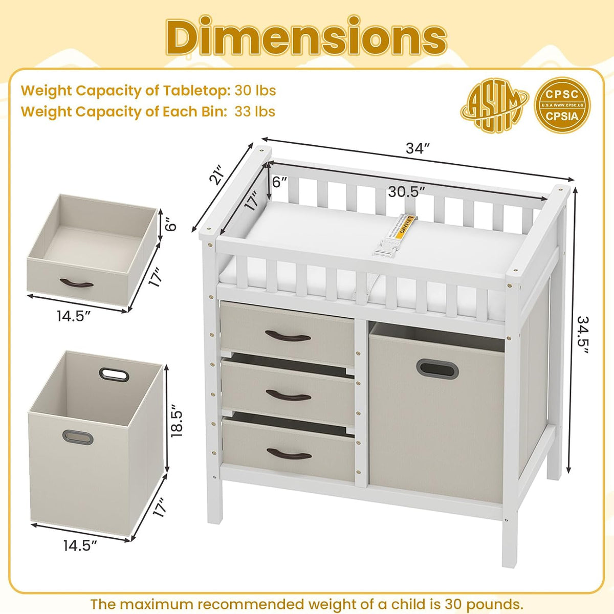 Wooden Baby Changing Table, Diaper Changing Station with 3 Storage Drawers, Laundry Hamper, Waterproof Changing Pad & Safety Belt, Modern Nursery Furniture for Daycare Bedroom (Beige)