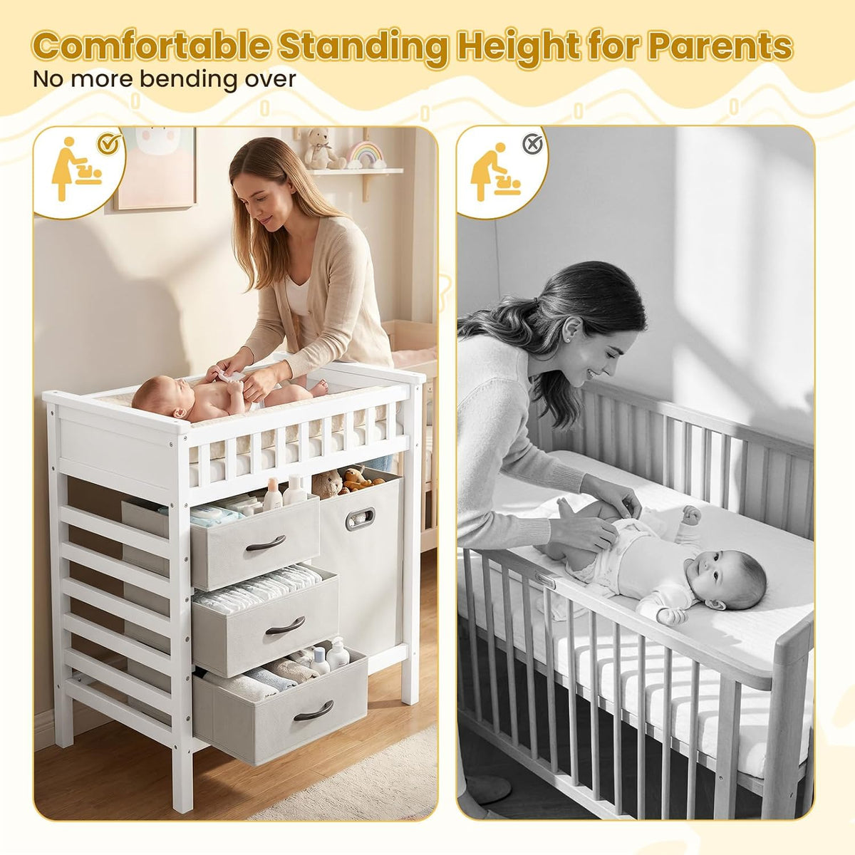 Wooden Baby Changing Table, Diaper Changing Station with 3 Storage Drawers, Laundry Hamper, Waterproof Changing Pad & Safety Belt, Modern Nursery Furniture for Daycare Bedroom (Beige)