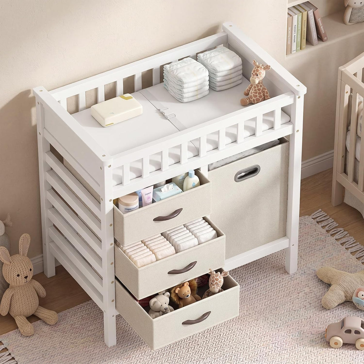 Wooden Baby Changing Table, Diaper Changing Station with 3 Storage Drawers, Laundry Hamper, Waterproof Changing Pad & Safety Belt, Modern Nursery Furniture for Daycare Bedroom (Beige)