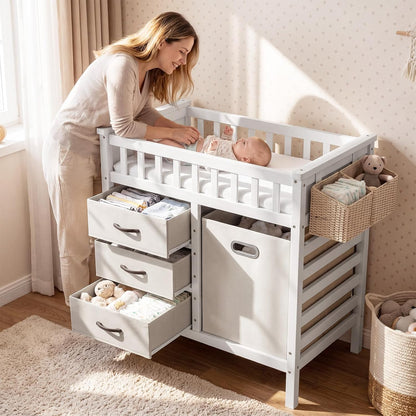 Wooden Baby Changing Table, Diaper Changing Station with 3 Storage Drawers, Laundry Hamper, Waterproof Changing Pad & Safety Belt, Modern Nursery Furniture for Daycare Bedroom (Beige)