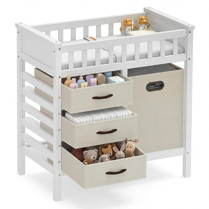 Wooden Baby Changing Table, Diaper Changing Station with 3 Storage Drawers, Laundry Hamper, Waterproof Changing Pad & Safety Belt, Modern Nursery Furniture for Daycare Bedroom (Beige)