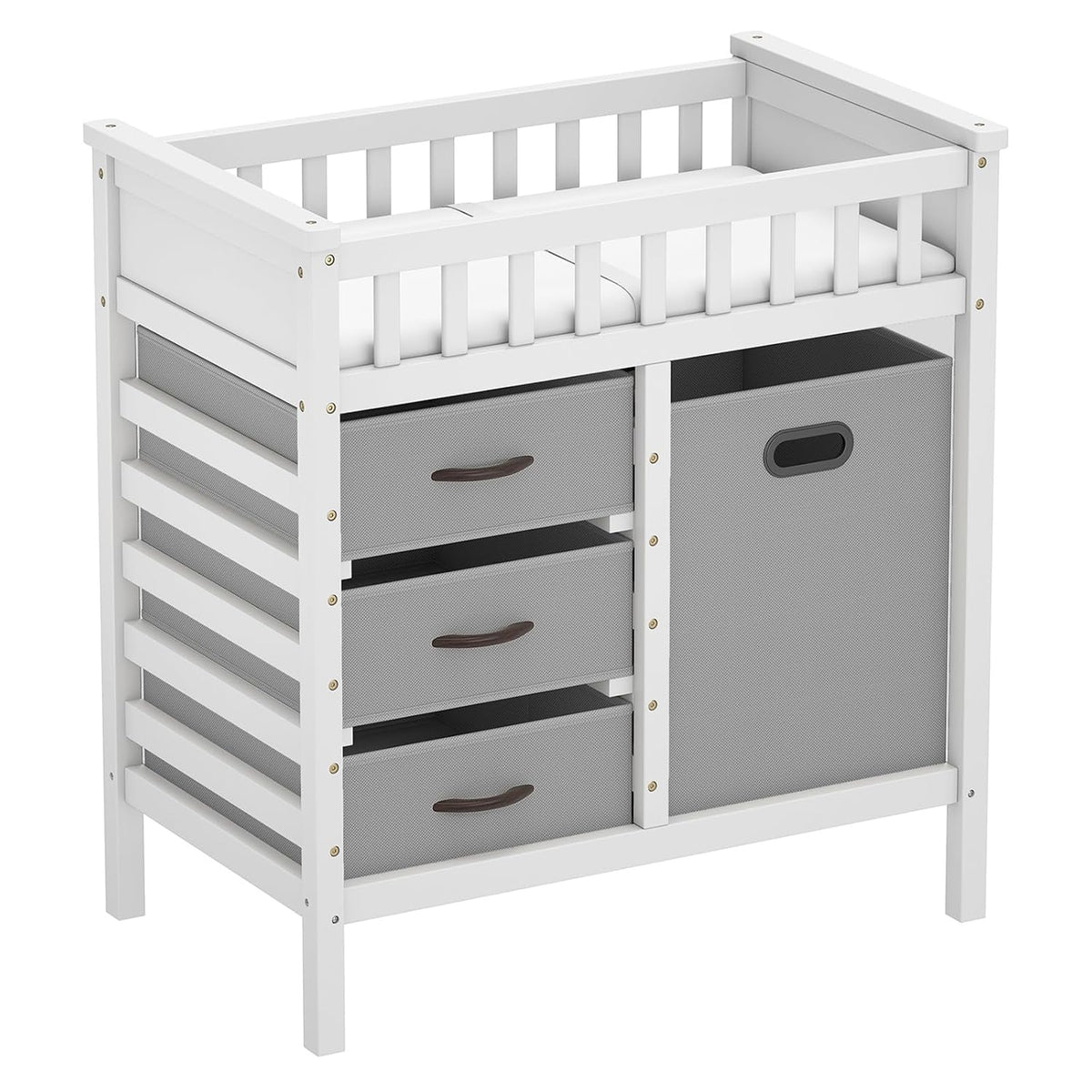 Wooden Baby Changing Table, Diaper Changing Station with 3 Storage Drawers, Laundry Hamper, Waterproof Changing Pad & Safety Belt, Modern Nursery Furniture for Daycare Bedroom (Beige)