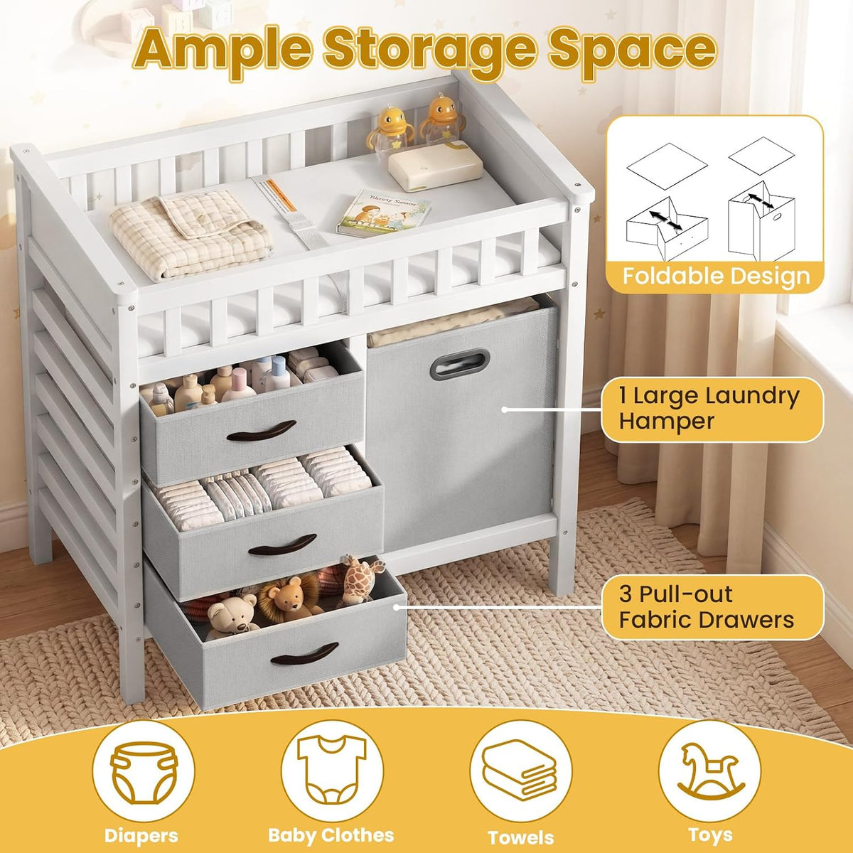 Wooden Baby Changing Table, Diaper Changing Station with 3 Storage Drawers, Laundry Hamper, Waterproof Changing Pad & Safety Belt, Modern Nursery Furniture for Daycare Bedroom (Beige)